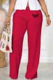 Rose Red Casual Print Letter Mid Waist Straight Bottoms