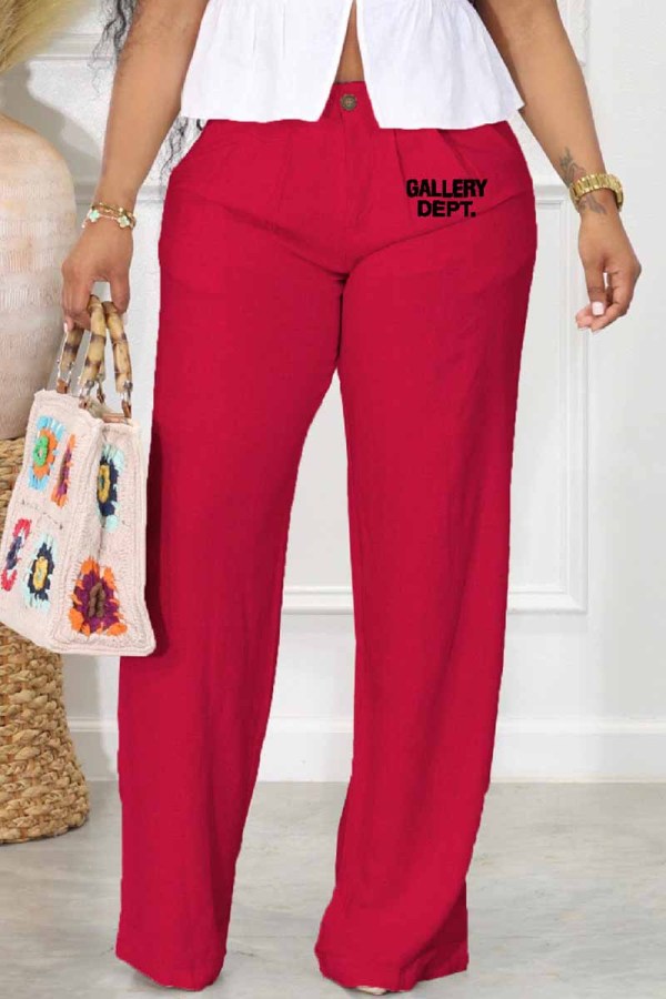 Red Casual Print Letter Mid Waist Straight Bottoms