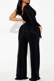 Black Sexy Street Solid Patchwork One Shoulder Long Sleeve Two Pieces