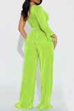 Green Sexy Street Solid Patchwork One Shoulder Long Sleeve Two Pieces