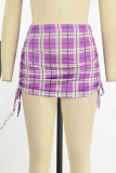 Purple Street Plaid Patchwork Draw String Strapless Sleeveless Two Pieces