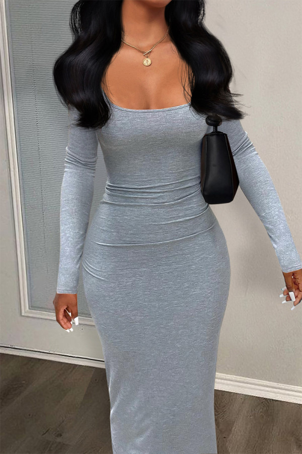 Grey Elegant Solid Patchwork U Neck Long Dress Dresses