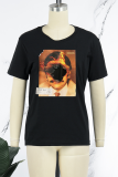 Black Street Print Patchwork O Neck T-Shirts