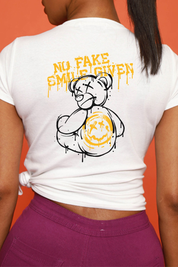 White Casual Daily Print Patchwork Letter O Neck T-Shirts