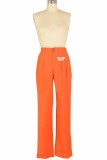 Tangerine Red Casual Print Letter Mid Waist Straight Bottoms