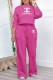Rose Red Casual Print Letter O Neck Long Sleeve Two Pieces