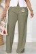Olive Green Casual Print Letter Mid Waist Straight Bottoms