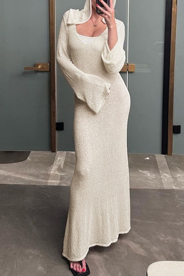 Apricot Casual Solid Basic Hooded Collar Long Dress Dresses