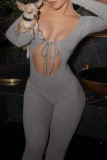 Black Sexy Casual Solid Hollowed Out Frenulum O Neck Skinny Jumpsuits
