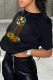 Black Casual Street Print Patchwork O Neck T-Shirts