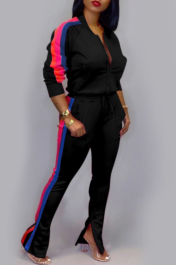 Black Casual Solid Patchwork Zipper Collar Long Sleeve Two Pieces