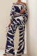 Blue Stripe Sweet Print Patchwork Off the Shoulder Long Sleeve Two Pieces