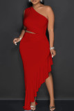 Red Sexy Solid Patchwork High Opening Flounce One Shoulder Long Dress Dresses
