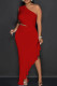 Red Sexy Solid Patchwork High Opening Flounce One Shoulder Long Dress Dresses