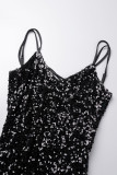 Black Sexy Patchwork Sequins Backless Spaghetti Strap Sleeveless Dress Dresses