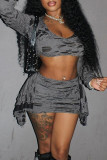 Grey Street Solid Ripped Patchwork U Neck Long Sleeve Two Pieces