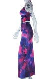 Colour Sexy Print Tie Dye Bandage Backless Slit Halter Sleeveless Two Pieces