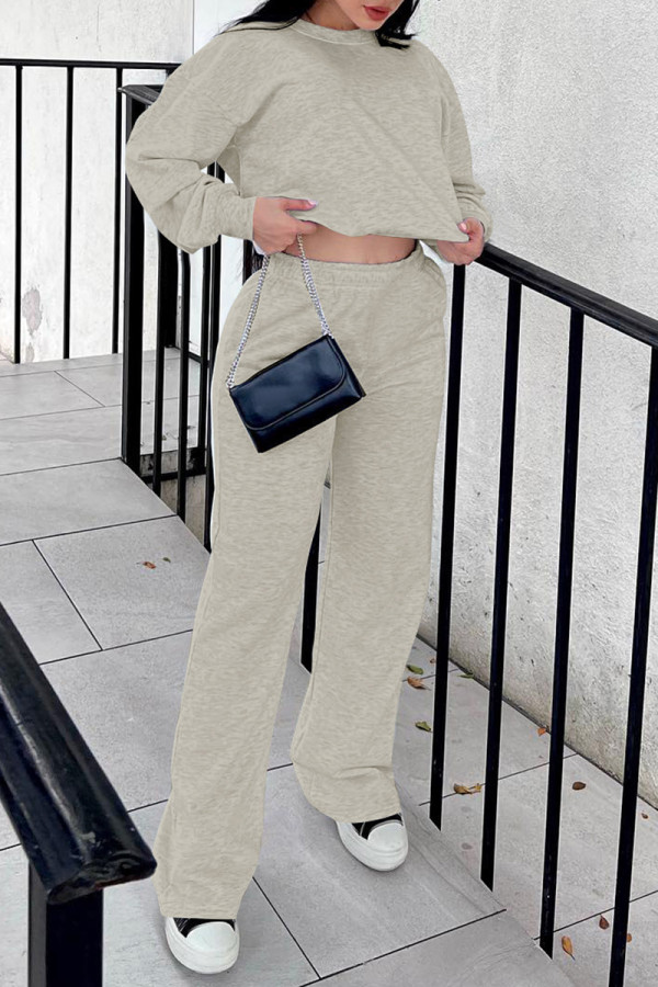 Grey Casual Solid Basic O Neck Long Sleeve Two Pieces