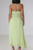 Light Green Casual Solid Patchwork Pleated Halter Sleeveless Two Pieces