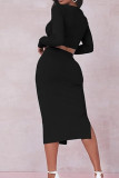 Black Casual Solid Patchwork High Opening U Neck Long Sleeve Two Pieces