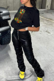 Black Casual Street Print Patchwork O Neck T-Shirts