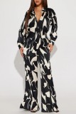 Black And White Casual Print Patchwork Shirt Collar Long Sleeve Two Pieces