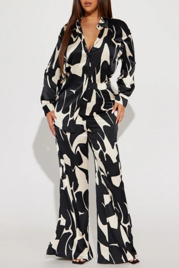 Black And White Casual Print Patchwork Shirt Collar Long Sleeve Two Pieces