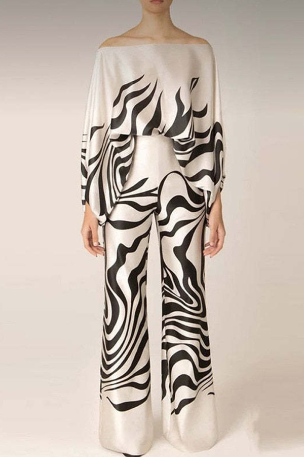 Black Sweet Print Patchwork Off the Shoulder Long Sleeve Two Pieces