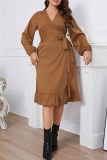 Brown Casual Solid Frenulum V Neck Long Sleeve Plus Size Dresses