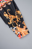Multicolor Casual Print Frenulum V Neck Long Sleeve Dresses