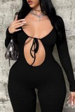 Black Sexy Casual Solid Hollowed Out Frenulum O Neck Skinny Jumpsuits