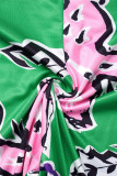 Colour Street Print Hollowed Out Patchwork O Neck Short Sleeve Two Pieces
