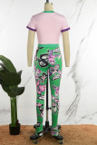 Colour Street Print Hollowed Out Patchwork O Neck Short Sleeve Two Pieces