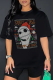 Black Daily Print Skull Patchwork O Neck T-Shirts