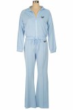Light Blue Casual Print Letter Turndown Collar Long Sleeve Two Pieces
