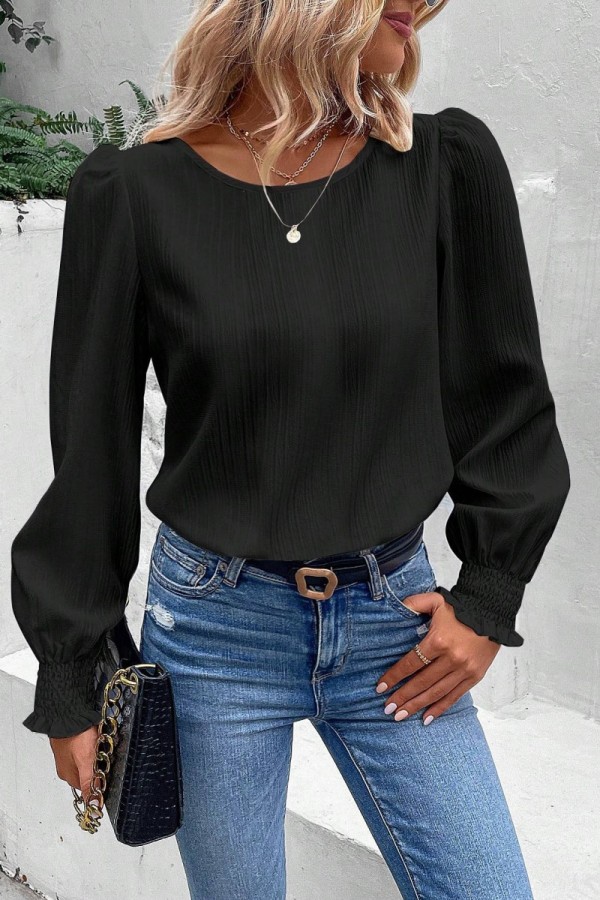 Black Casual Solid Basic O Neck Tops