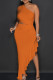 Orange Sexy Solid Patchwork High Opening Flounce One Shoulder Long Dress Dresses