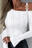White Casual Solid Patchwork Oblique Collar Tops