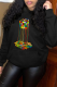 Black Street Vintage Print Draw String Hooded Collar Tops