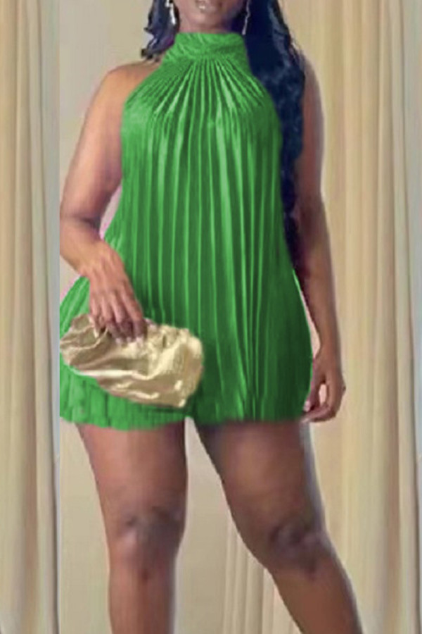 Green Sexy Solid Bandage Patchwork Pleated Halter Sleeveless Dress Dresses