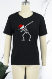 Black Party Print Skull Patchwork O Neck T-Shirts