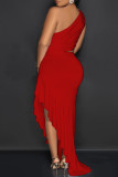 Red Sexy Solid Patchwork High Opening Flounce One Shoulder Long Dress Dresses