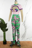 Colour Street Print Hollowed Out Patchwork O Neck Short Sleeve Two Pieces
