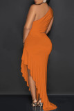 Red Sexy Solid Patchwork High Opening Flounce One Shoulder Long Dress Dresses