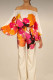 Tangerine Red Sweet Print Patchwork Off the Shoulder Long Sleeve Two Pieces