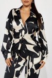 Black And White Casual Print Patchwork Shirt Collar Long Sleeve Two Pieces