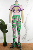 Colour Street Print Hollowed Out Patchwork O Neck Short Sleeve Two Pieces