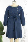 Blue Casual Solid Basic O Neck Long Sleeve Plus Size Dresses