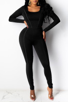 Black Casual Basic U Neck Long Sleeve Two Pieces