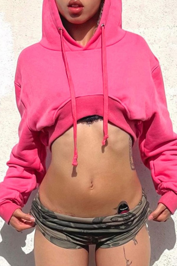 Rose Red Casual Solid Basic Hooded Collar Tops